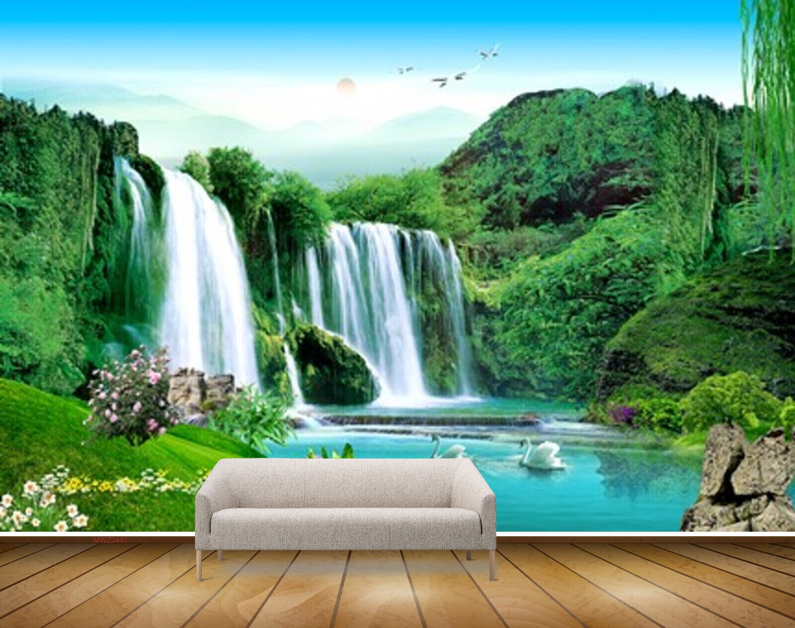 Avikalp MWZ2441 Waterfalls Trees Pond River Lake Water Swans Sunset Mountains Grass Stones Birds Flowers HD Wallpaper
