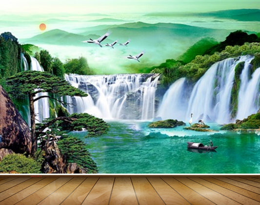 Avikalp MWZ2443 Sun Mountains Birds Waterfalls Boat Trees Pond River Lake Water HD Wallpaper