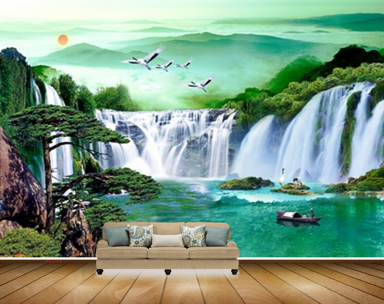 Avikalp MWZ2443 Sun Mountains Birds Waterfalls Boat Trees Pond River Lake Water HD Wallpaper