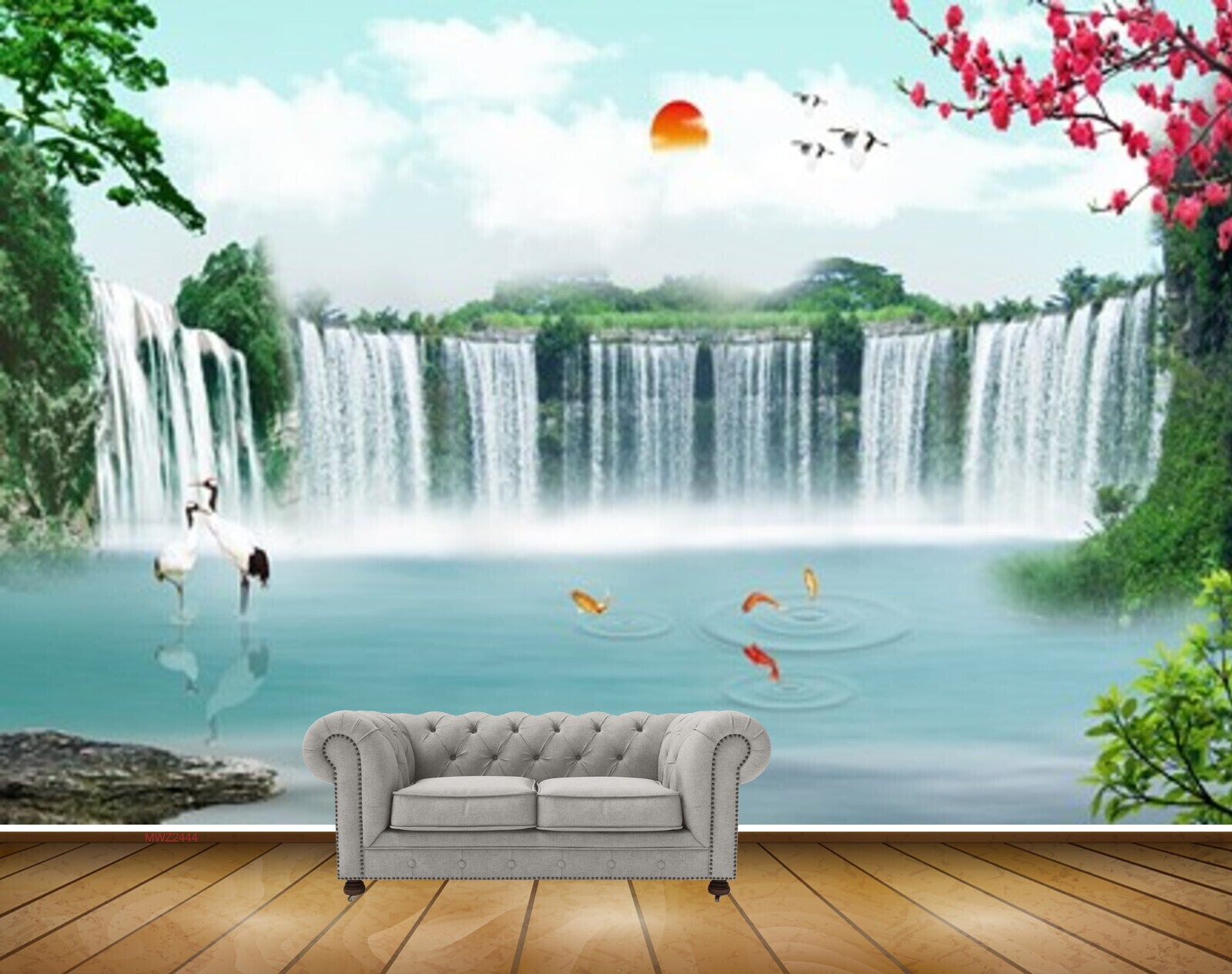 Avikalp MWZ2444 Sun Waterfalls Birds Cranes Fishes Flowers Trees Fishes CloudsPond River Lake Water HD Wallpaper