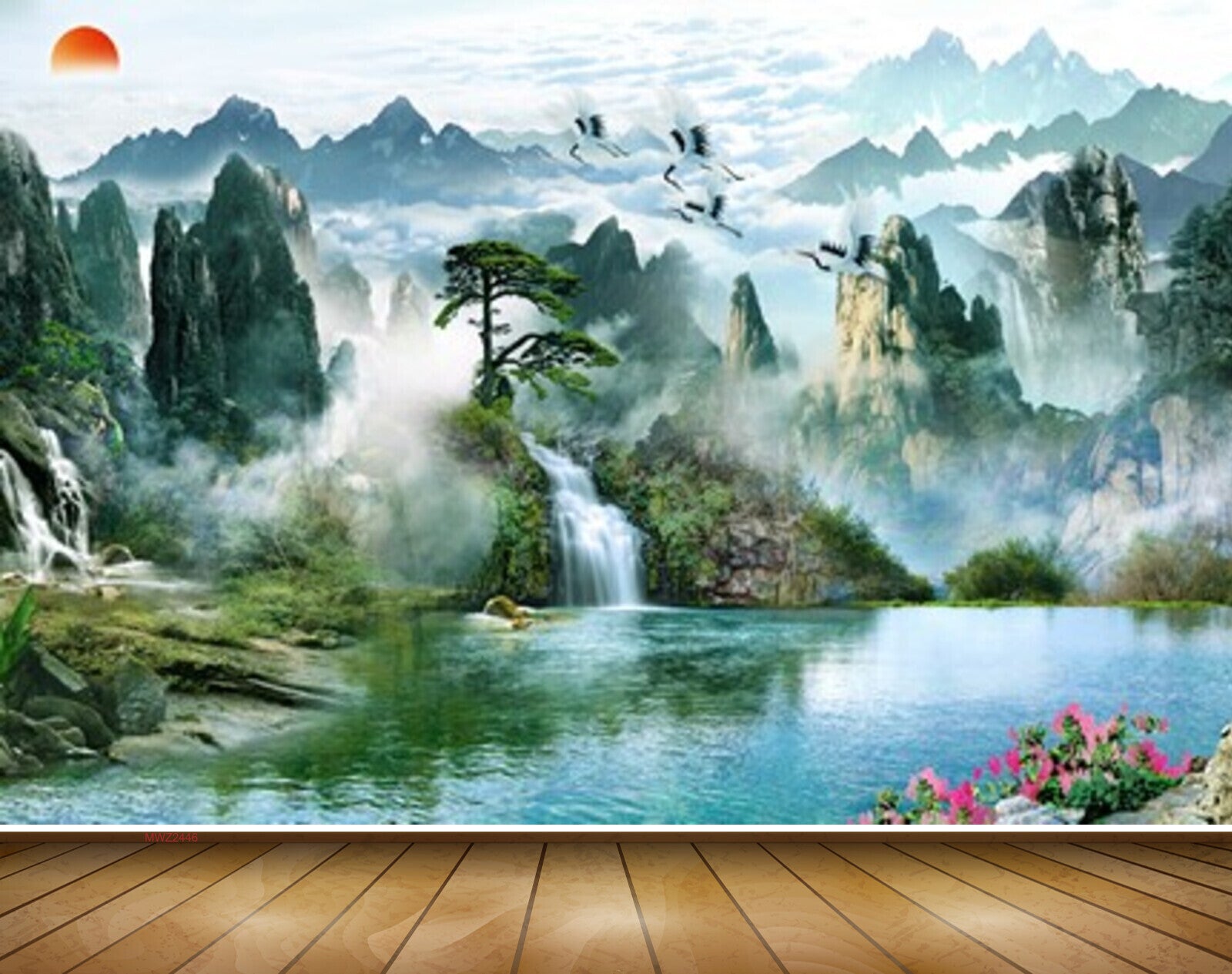 Avikalp MWZ2446 Sun Mountains Waterfalls Trees Pond River Lake Water Birds Flowers Clouds HD Wallpaper