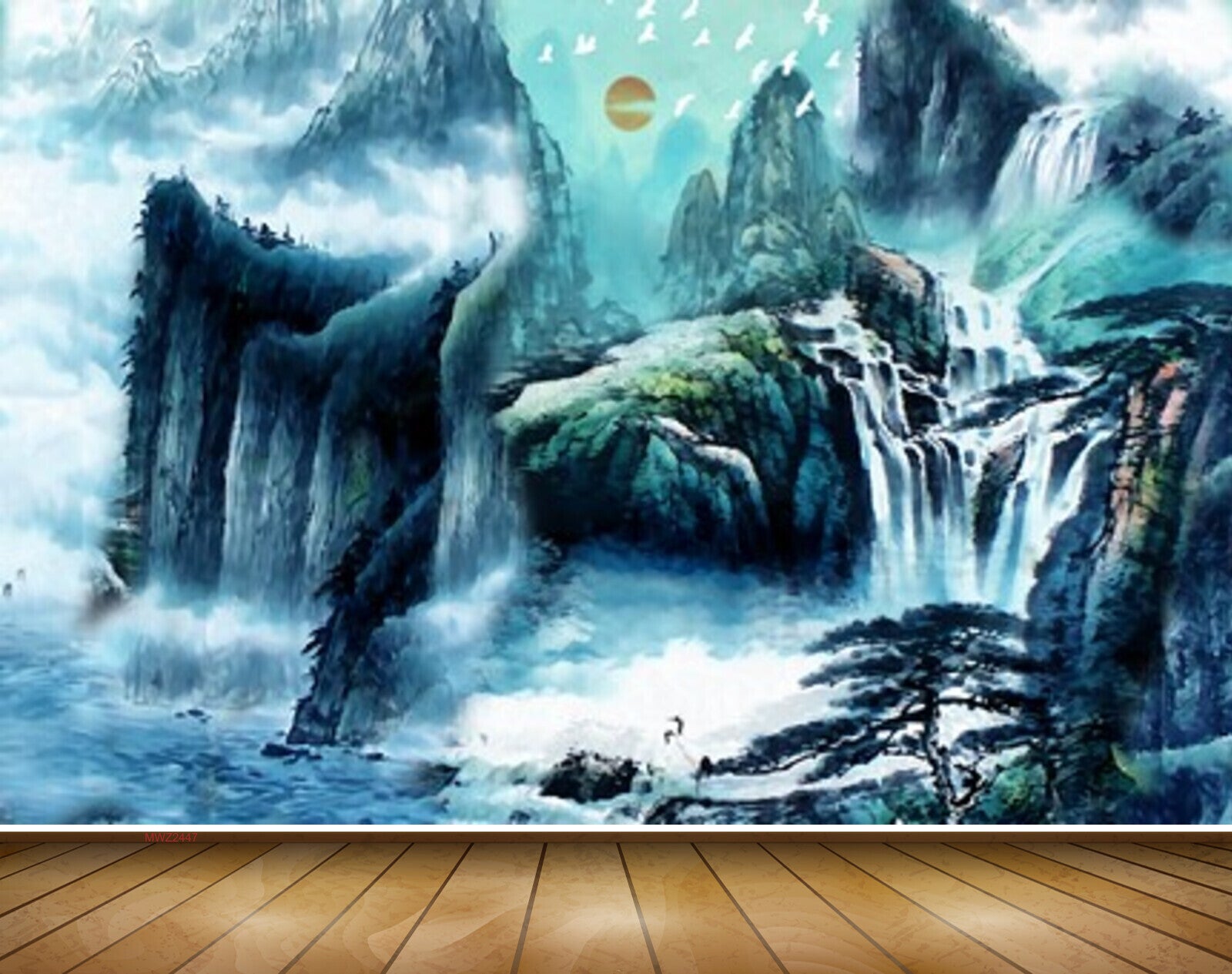 Avikalp MWZ2447 Sun Birds Waterfalls Trees MountainsPond River Lake Water HD Wallpaper