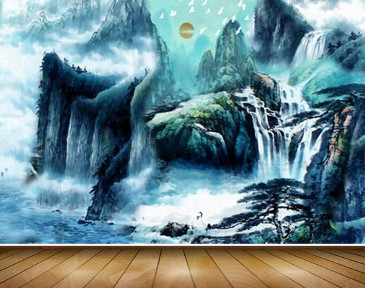 Avikalp MWZ2447 Sun Birds Waterfalls Trees MountainsPond River Lake Water HD Wallpaper