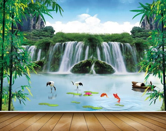 Avikalp MWZ2448 Waterfalls Cranes Fishes Trees Flowers Boat Clouds Pond River Lake Water HD Wallpaper