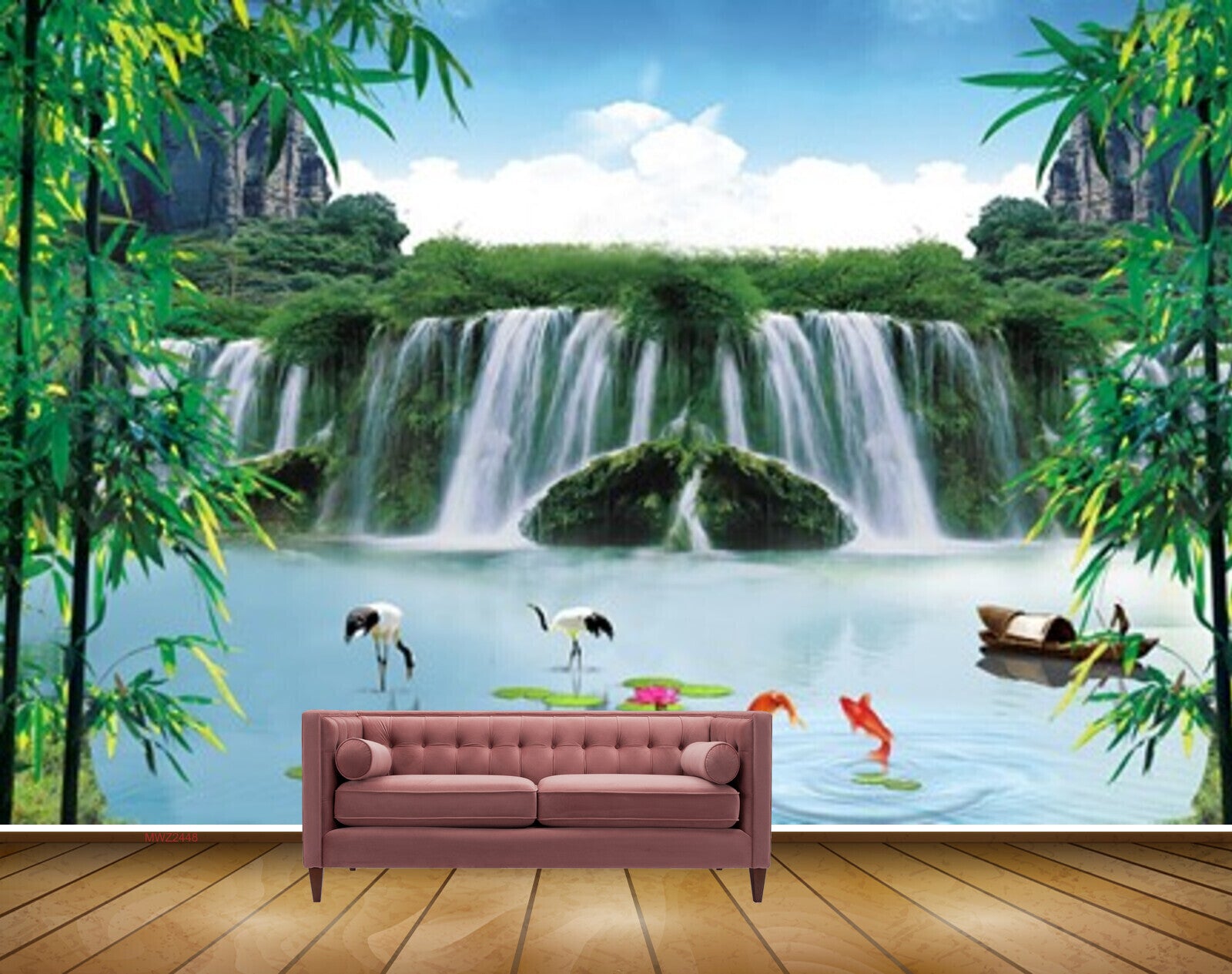 Avikalp MWZ2448 Waterfalls Cranes Fishes Trees Flowers Boat Clouds Pond River Lake Water HD Wallpaper