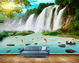 Avikalp MWZ2450 Sun Waterfalls Fishes Stones Boat Pond River Lake Water Trees Grass HD Wallpaper