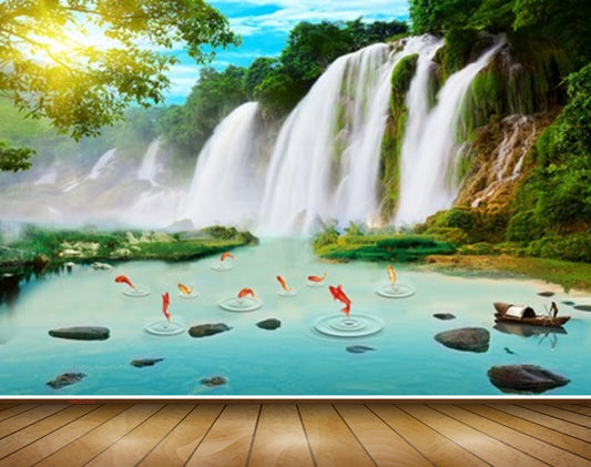 Avikalp MWZ2450 Sun Waterfalls Fishes Stones Boat Pond River Lake Water Trees Grass HD Wallpaper