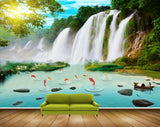 Avikalp MWZ2450 Sun Waterfalls Fishes Stones Boat Pond River Lake Water Trees Grass HD Wallpaper