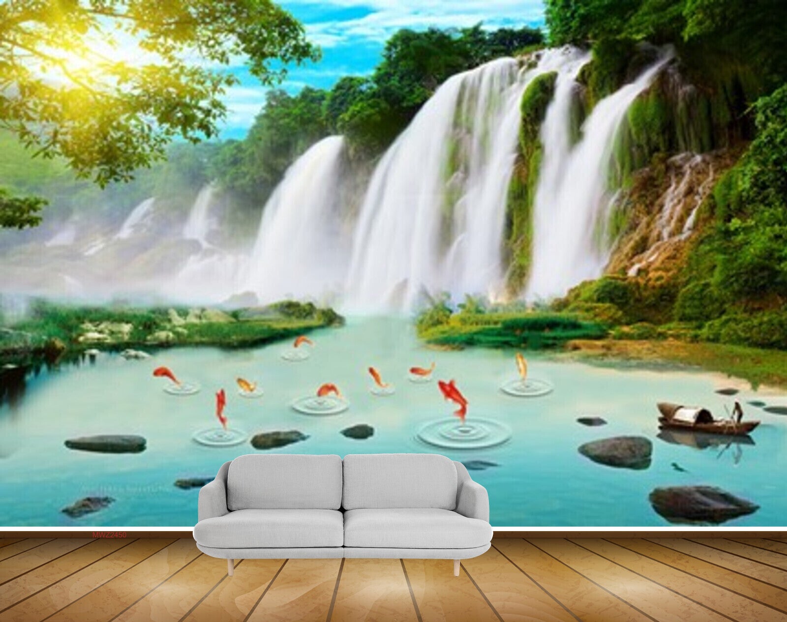 Avikalp MWZ2450 Sun Waterfalls Fishes Stones Boat Pond River Lake Water Trees Grass HD Wallpaper