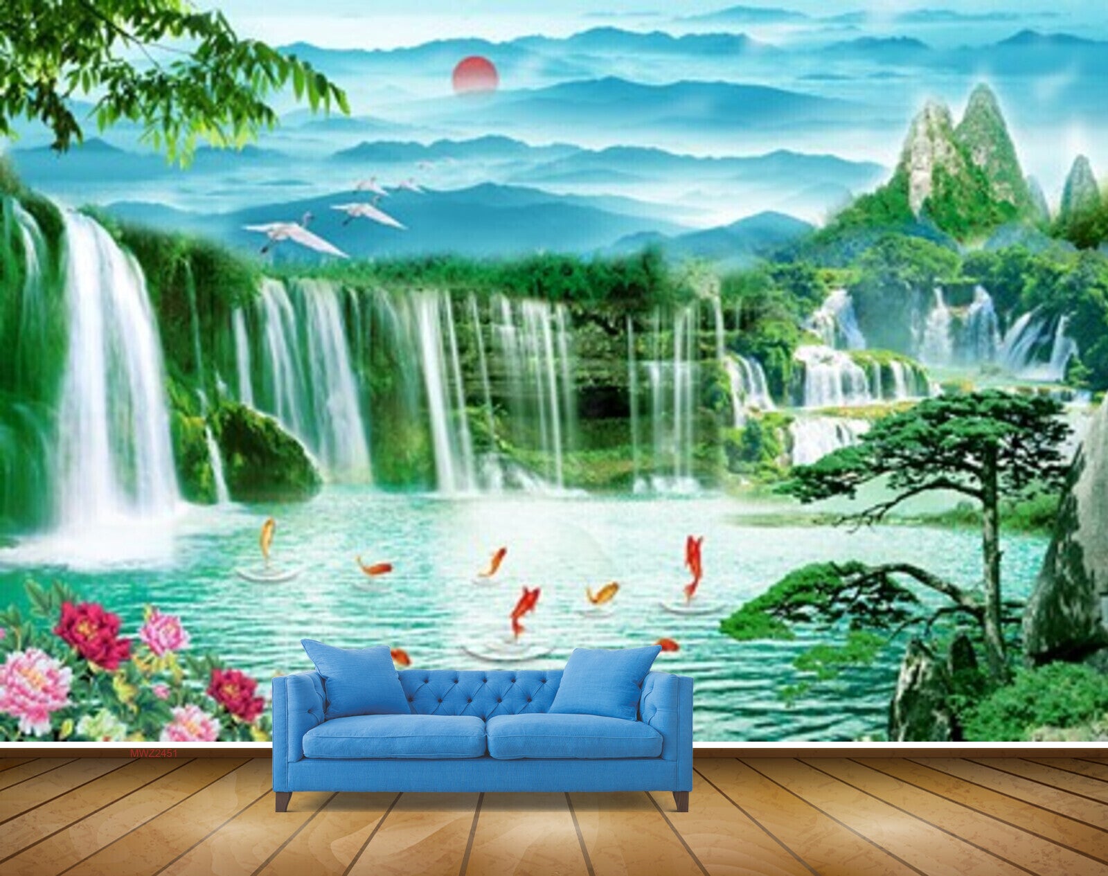 Avikalp MWZ2451 Sun Mountains Waterfalls Birds Pond River Lake Water Fishes Flowers Trees Clouds HD Wallpaper