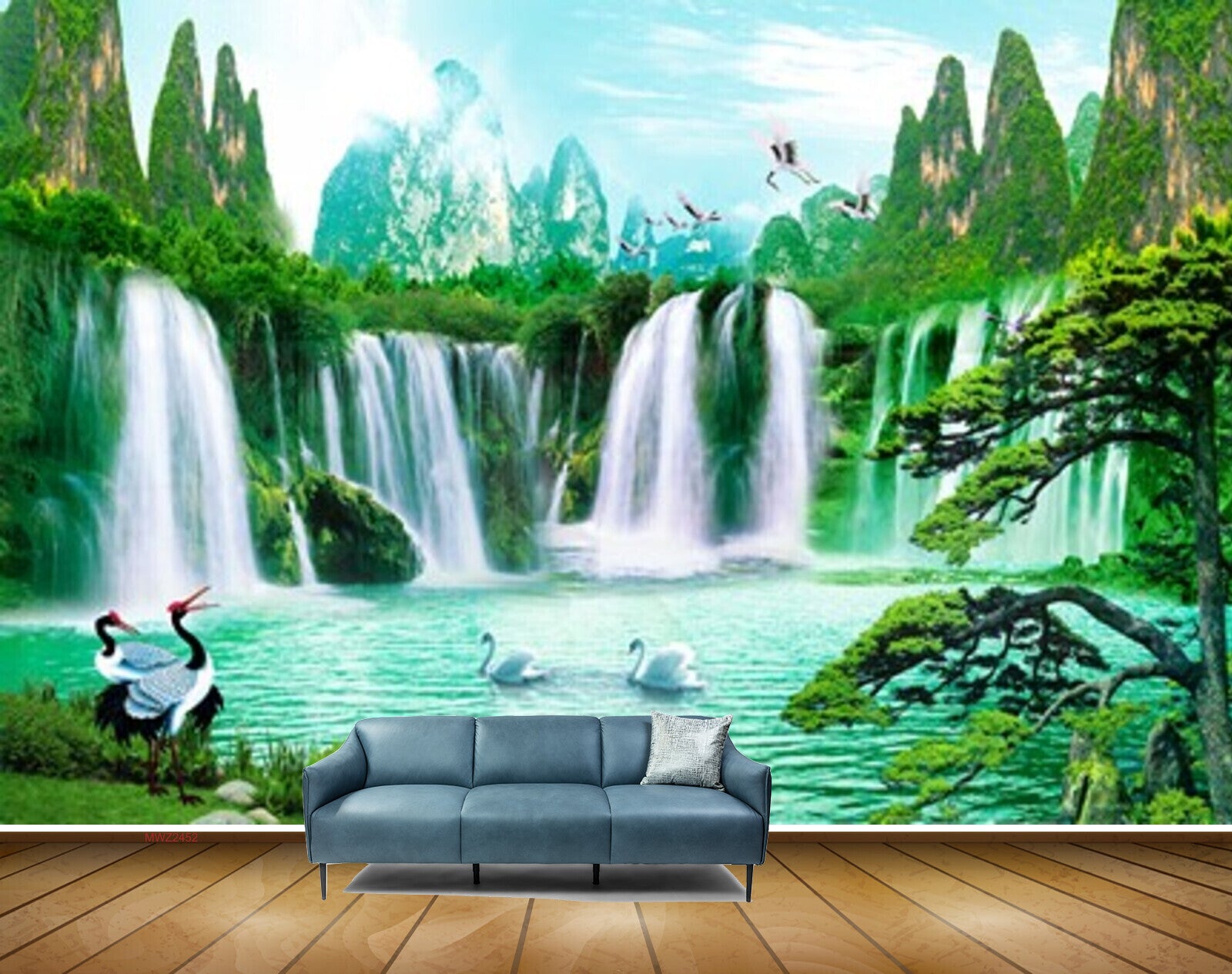 Avikalp MWZ2452 Mountains Waterfalls Cranes Swans Trees Pond River Lake Water Grass HD Wallpaper
