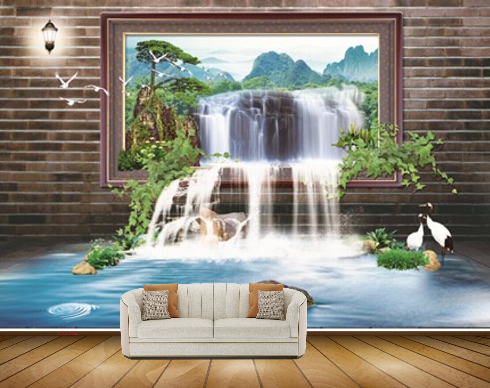 Avikalp MWZ2455 Mountains Waterfalls Trees Birds Cranes Lamps Leaves Pond River Lake Water HD Wallpaper