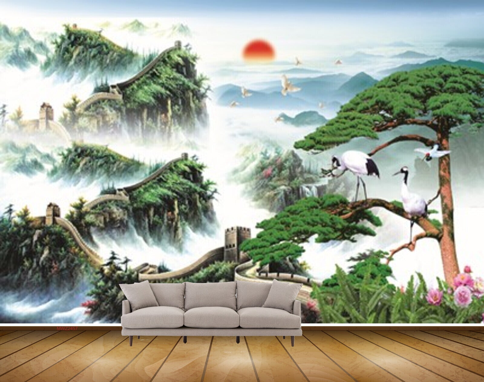 Avikalp MWZ2457 Sun Mountains Trees Cranes Flowers Clouds HD Wallpaper