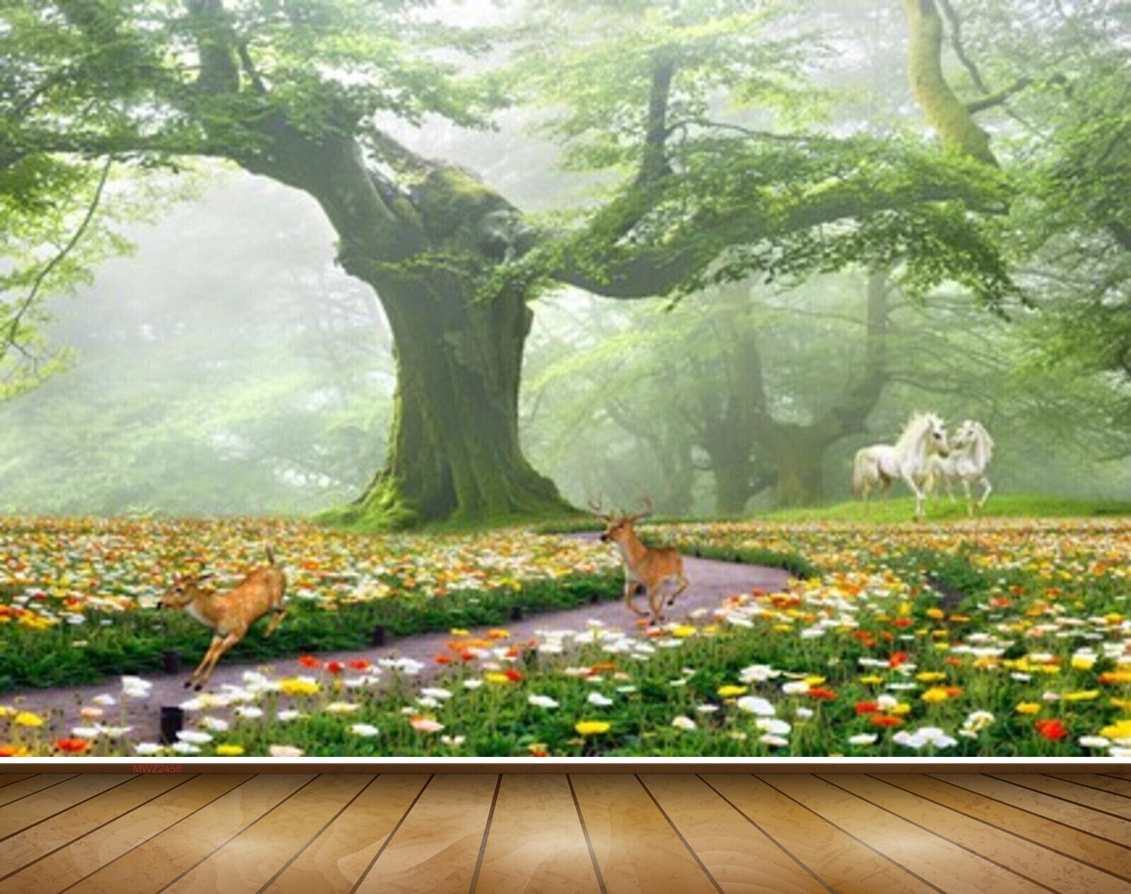 Avikalp MWZ2458 Trees Horses Deers Flowers Grass Branches HD Wallpaper