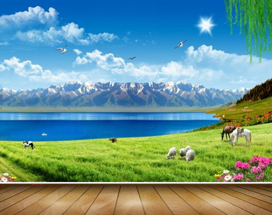 Avikalp MWZ2462 Mountains Sun Clouds Trees Pond River Lake Water Birds Animals Cows Grass Flowers HD Wallpaper