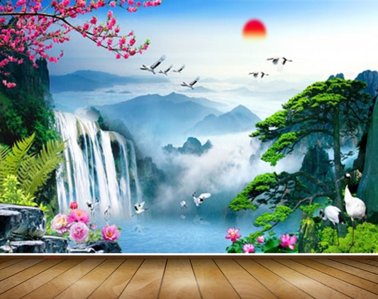Avikalp MWZ2463 Waterfalls Birds Pink Flowers Cranes Mountains Pond River Lake Water Trees Clouds HD Wallpaper