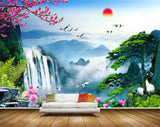 Avikalp MWZ2463 Waterfalls Birds Pink Flowers Cranes Mountains Pond River Lake Water Trees Clouds HD Wallpaper