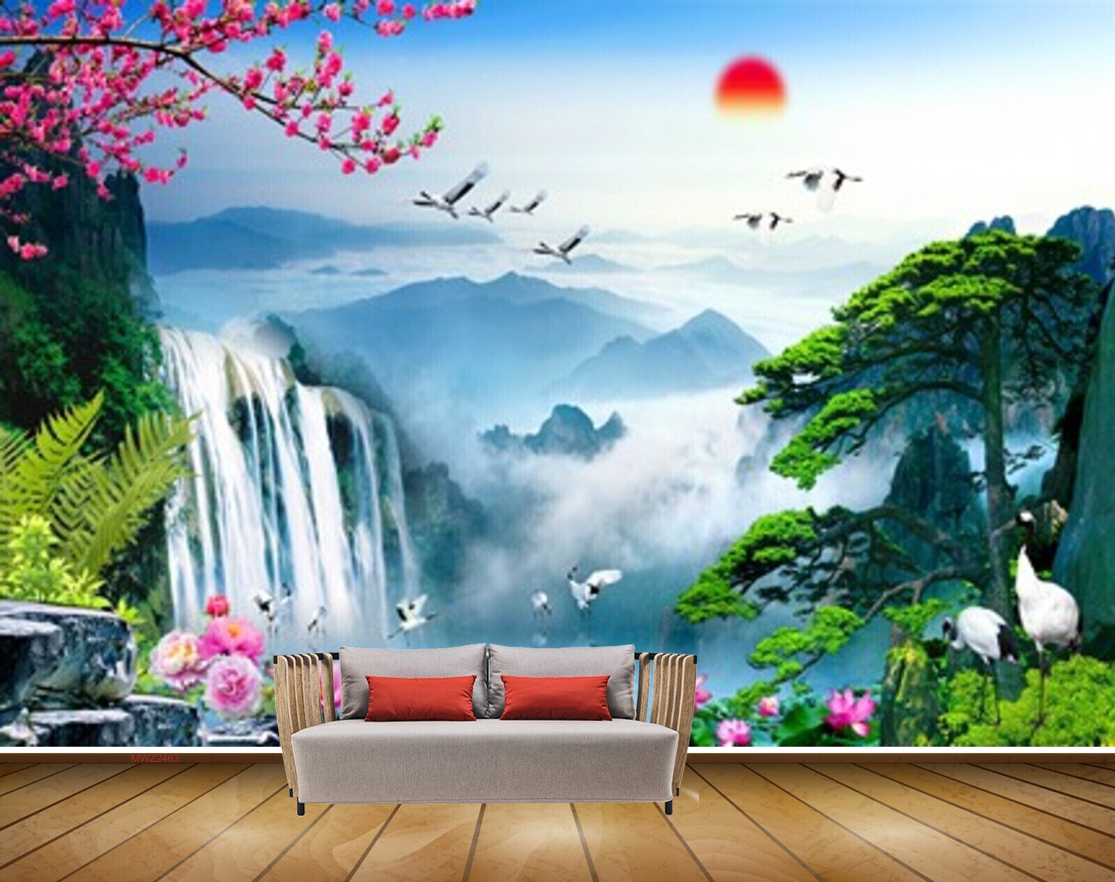 Avikalp MWZ2463 Waterfalls Birds Pink Flowers Cranes Mountains Pond River Lake Water Trees Clouds HD Wallpaper