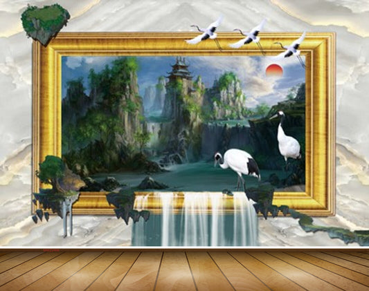 Avikalp MWZ2466 Trees Sun Cranes Waterfalls Pond River Lake Water Waterfalls House HD Wallpaper