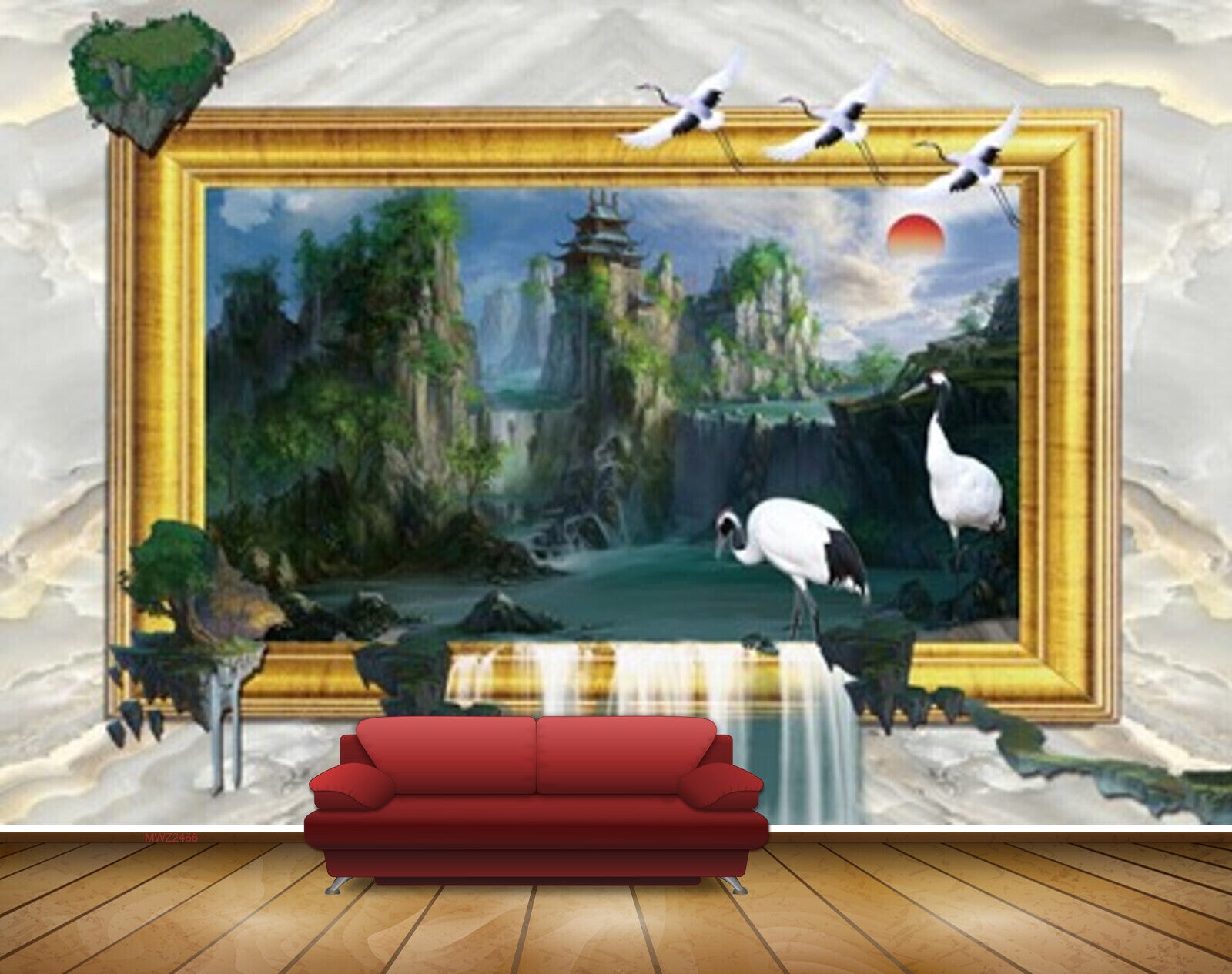 Avikalp MWZ2466 Trees Sun Cranes Waterfalls Pond River Lake Water Waterfalls House HD Wallpaper