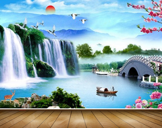 Avikalp MWZ2467 Pink Flowers Waterfalls Boat Deers Sun Clouds Bridge Pond River Lake Water Mountains Cranes HD Wallpaper