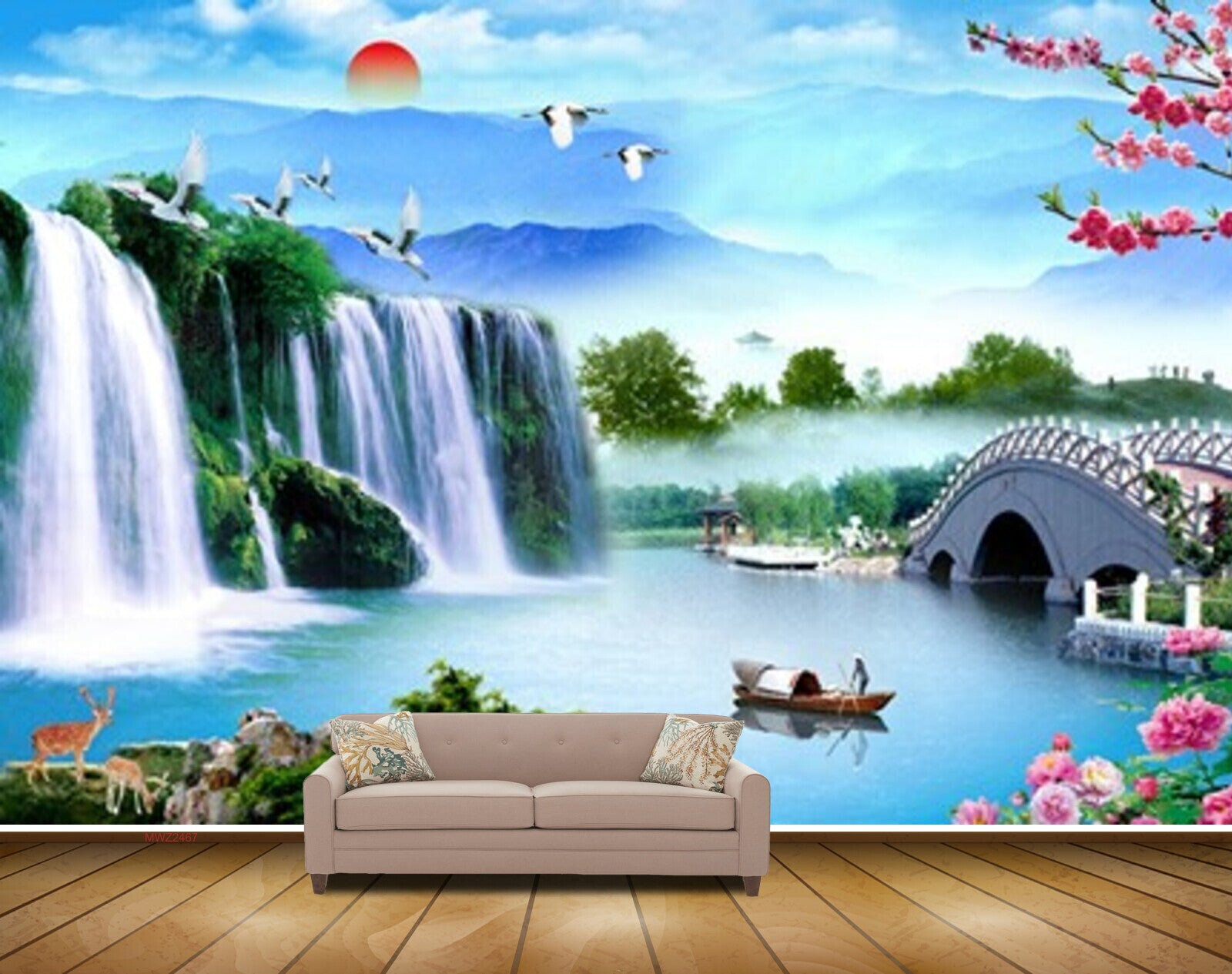 Avikalp MWZ2467 Pink Flowers Waterfalls Boat Deers Sun Clouds Bridge Pond River Lake Water Mountains Cranes HD Wallpaper