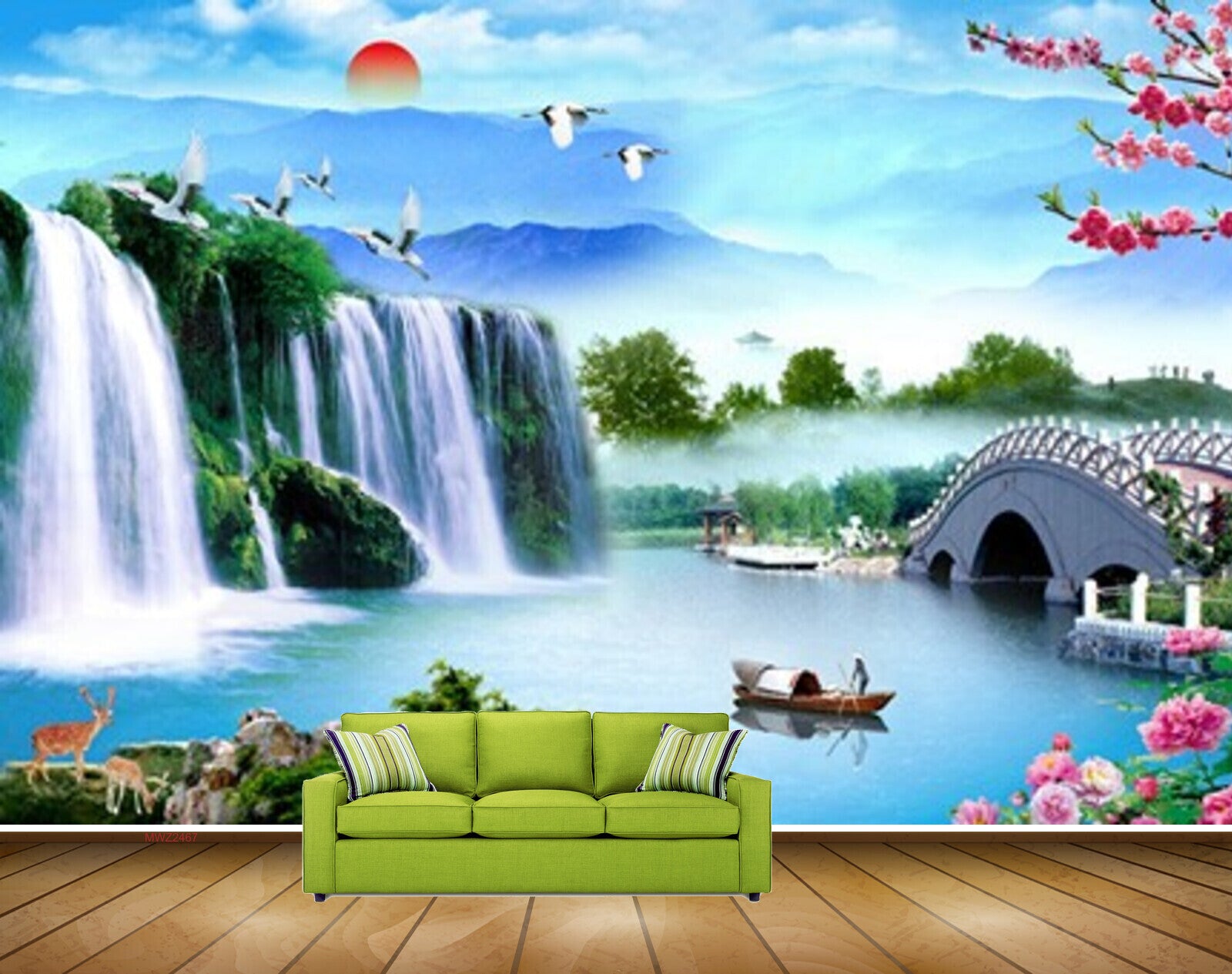 Avikalp MWZ2467 Pink Flowers Waterfalls Boat Deers Sun Clouds Bridge Pond River Lake Water Mountains Cranes HD Wallpaper