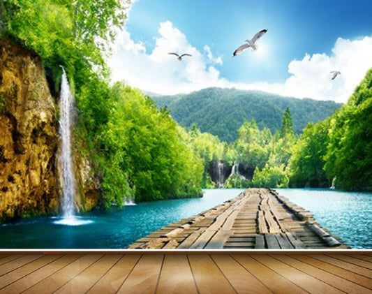 Avikalp MWZ2469 Mountains Trees Birds Bridge Waterfall Sun Clouds Pond River Lake Water HD Wallpaper