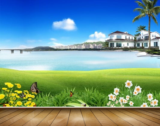 Avikalp MWZ2480 Tree House Pond River Lake Water Flowers Butterflies Grass Building Clouds HD Wallpaper