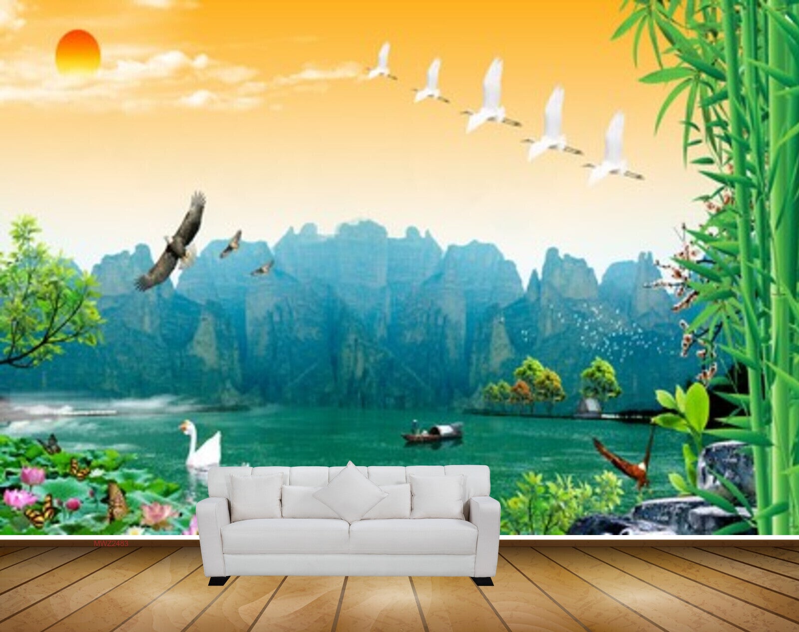 Avikalp MWZ2483 Mountains Sunset Birds Bamboo Trees Cranes Flowers Butterfly Plants Pond River Lake Water Boat HD Wallpaper
