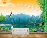 Avikalp MWZ2483 Mountains Sunset Birds Bamboo Trees Cranes Flowers Butterfly Plants Pond River Lake Water Boat HD Wallpaper