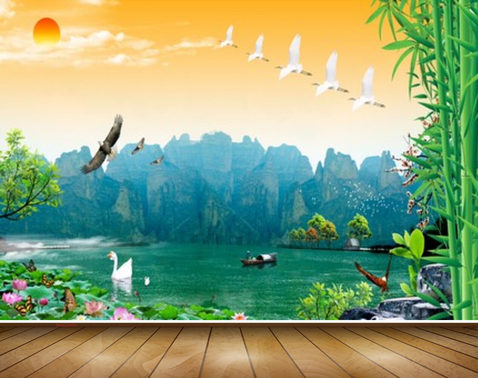 Avikalp MWZ2634 Bamboo Trees Hut Birds River Pond Water Leaves HD Wall –  Avikalp International - 3D Wallpapers