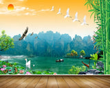 Avikalp MWZ2483 Mountains Sunset Birds Bamboo Trees Cranes Flowers Butterfly Plants Pond River Lake Water Boat HD Wallpaper