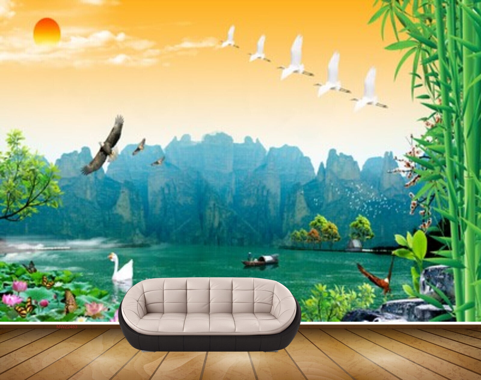 Avikalp MWZ2483 Mountains Sunset Birds Bamboo Trees Cranes Flowers Butterfly Plants Pond River Lake Water Boat HD Wallpaper