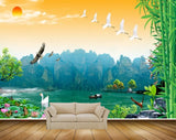 Avikalp MWZ2483 Mountains Sunset Birds Bamboo Trees Cranes Flowers Butterfly Plants Pond River Lake Water Boat HD Wallpaper