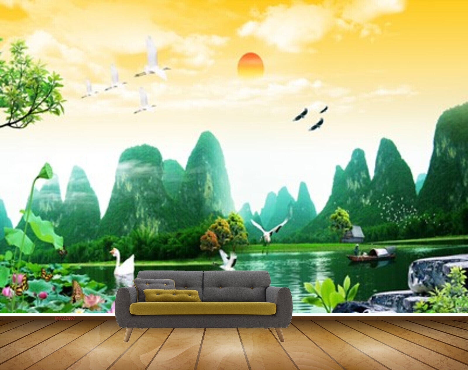 Avikalp MWZ2487 Sun Birds Duck Trees Pond River Lake Water Boat Stones Mountains Plants Flowers HD Wallpaper