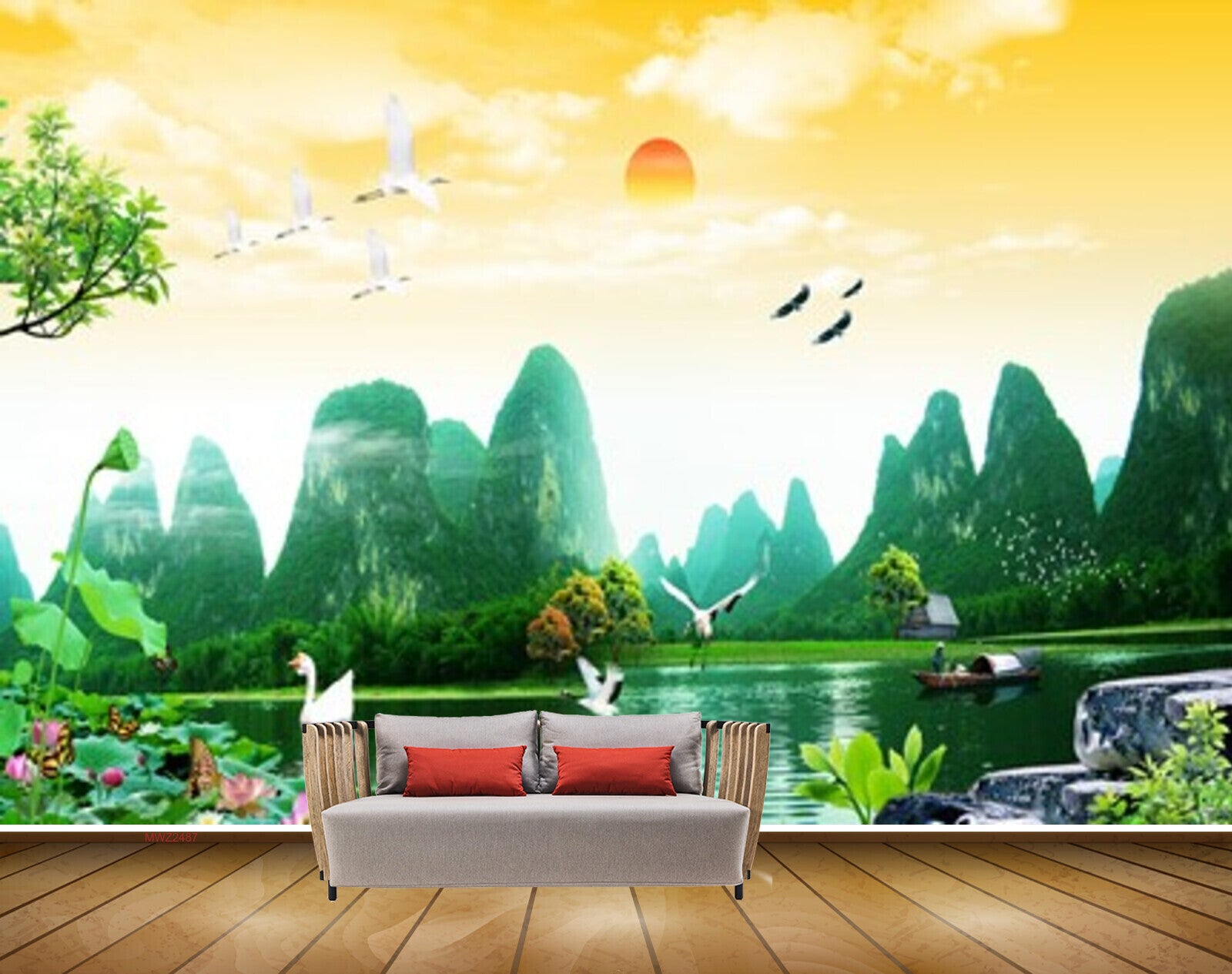Avikalp MWZ2487 Sun Birds Duck Trees Pond River Lake Water Boat Stones Mountains Plants Flowers HD Wallpaper