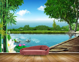 Avikalp MWZ2490 Trees Pond River Lake Water Ducks Flowers Wooden Bridge HD Wallpaper