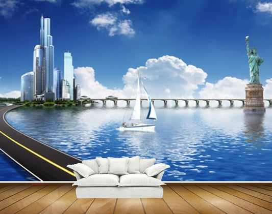 Avikalp MWZ2491 Sea River Lake Water Road Statue Boat Buildings Clouds Liberty HD Wallpaper