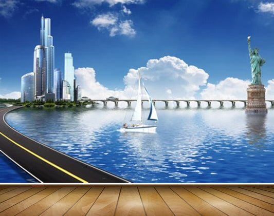 Avikalp MWZ2491 Sea River Lake Water Road Statue Boat Buildings Clouds Liberty HD Wallpaper
