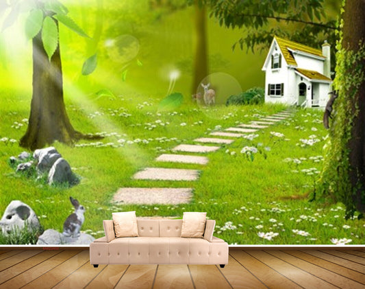 Avikalp MWZ2493 Trees House Grass Stones Rabbit Deer Leaves HD Wallpaper