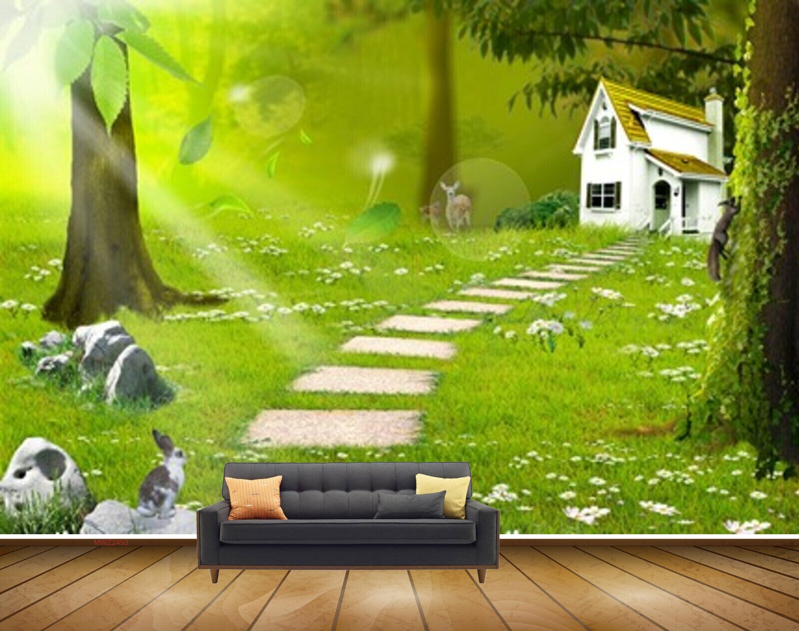 Avikalp MWZ2493 Trees House Grass Stones Rabbit Deer Leaves HD Wallpaper