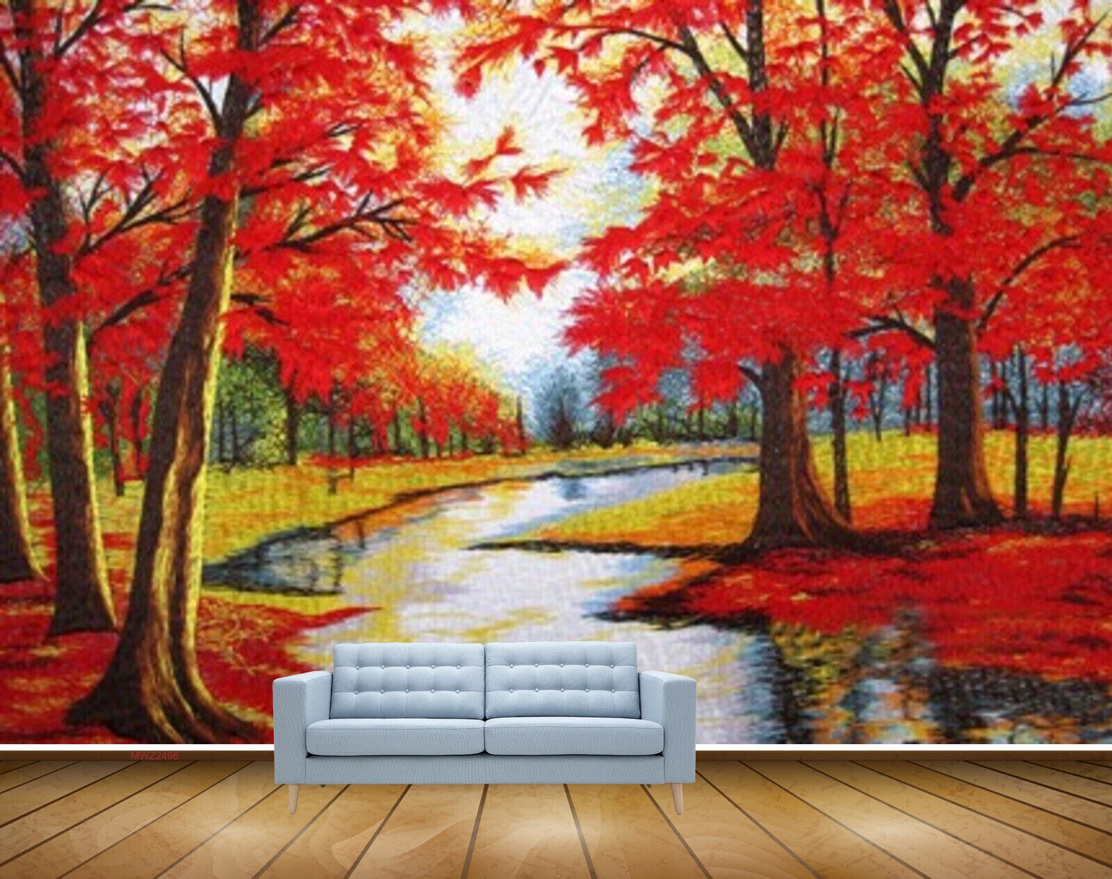Avikalp MWZ2498 Trees Red Leaves Grass Pond River Lake Water HD Wallpaper