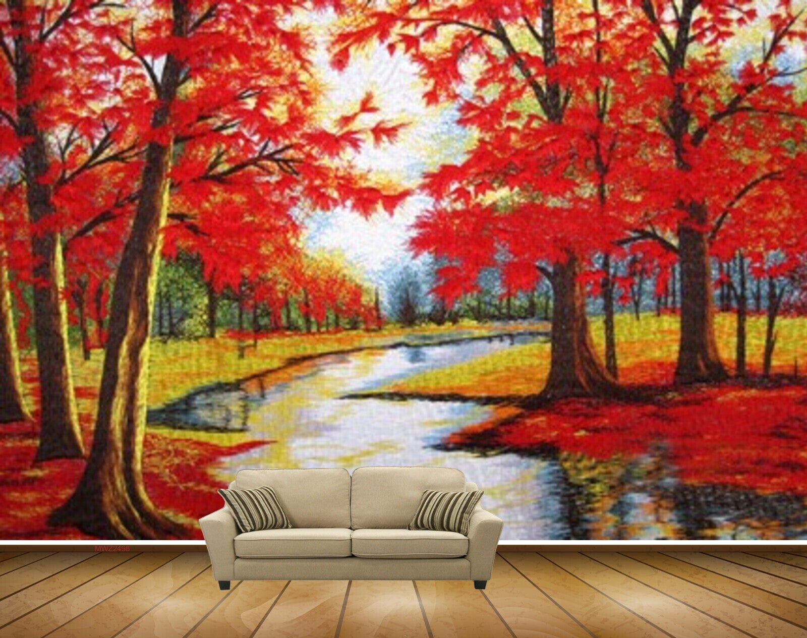 Avikalp MWZ2498 Trees Red Leaves Grass Pond River Lake Water HD Wallpaper
