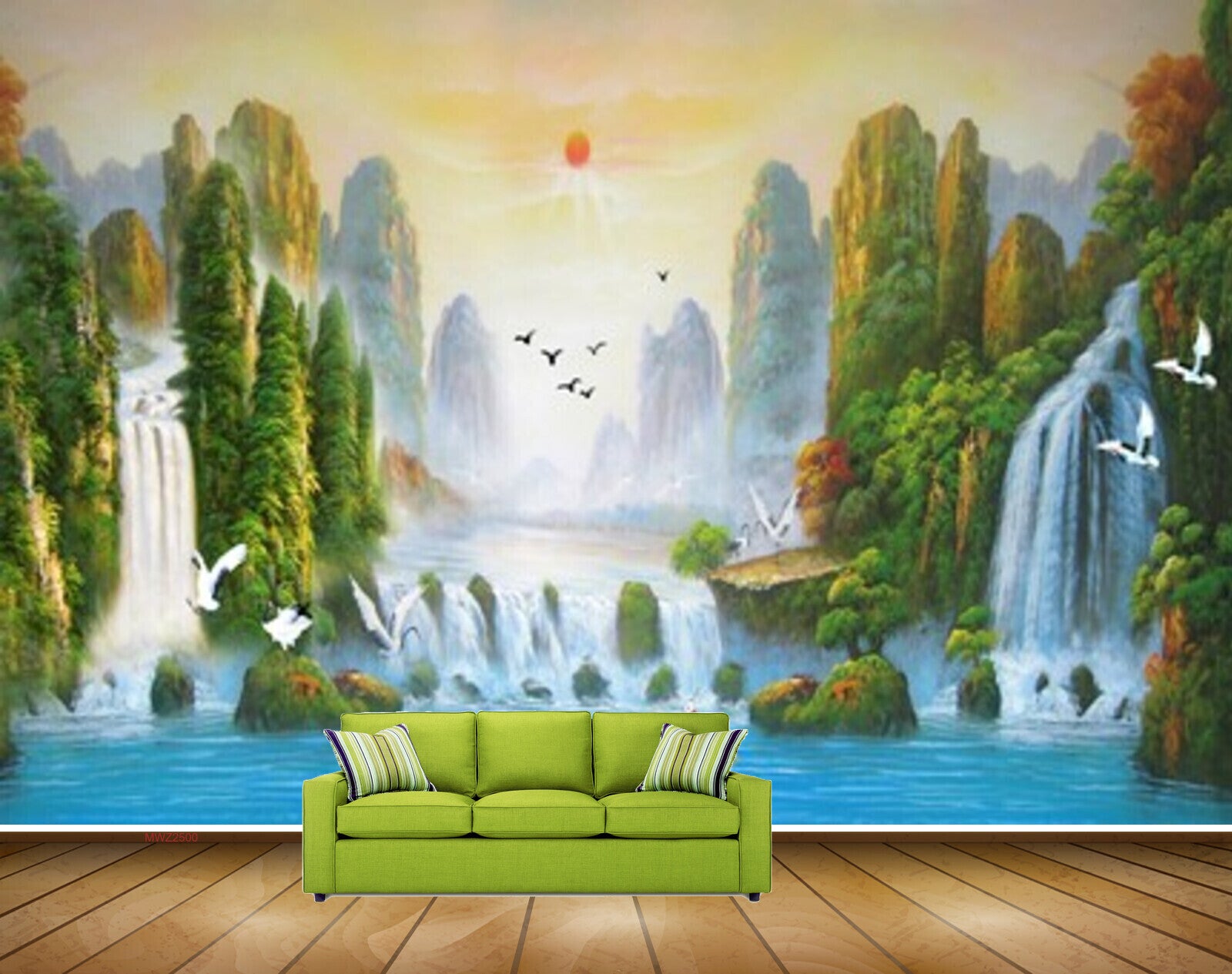 Avikalp MWZ2500 Sun Birds Trees Waterfalls Pond River Lake Water Duck Mountains Boat HD Wallpaper