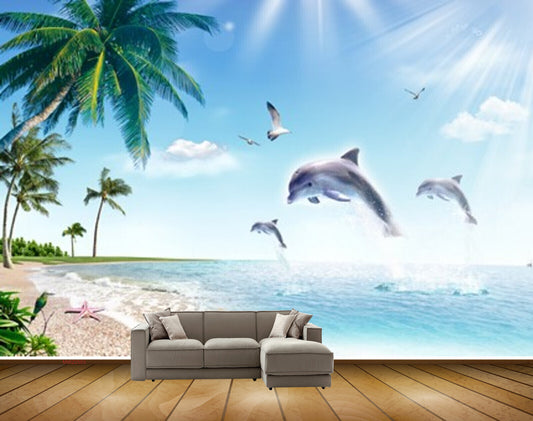 Avikalp MWZ2503 Sea Dolphins Coconut Trees Beach Water Ocean HD Wallpaper