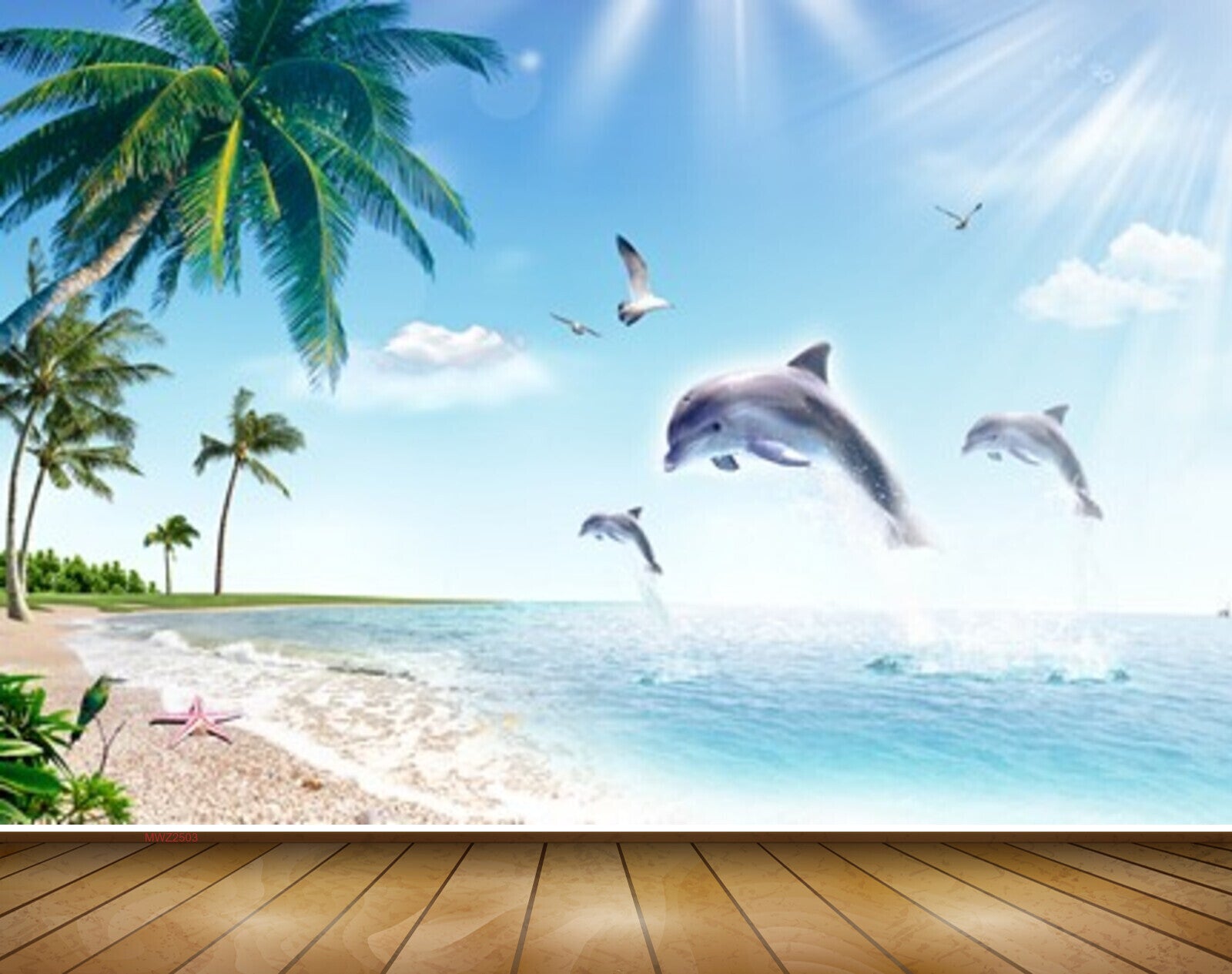 Avikalp MWZ2503 Sea Dolphins Coconut Trees Beach Water Ocean HD Wallpaper