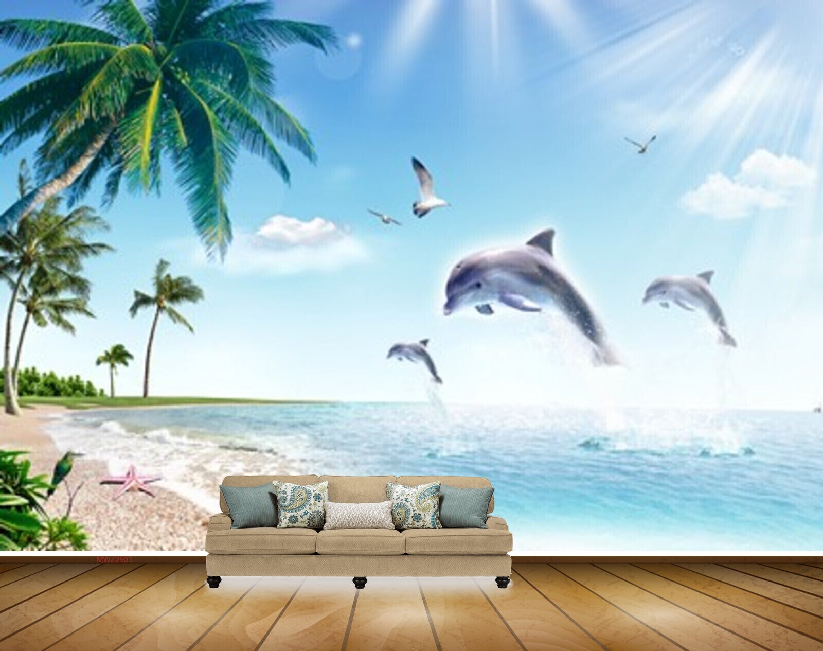 Avikalp MWZ2503 Sea Dolphins Coconut Trees Beach Water Ocean HD Wallpaper