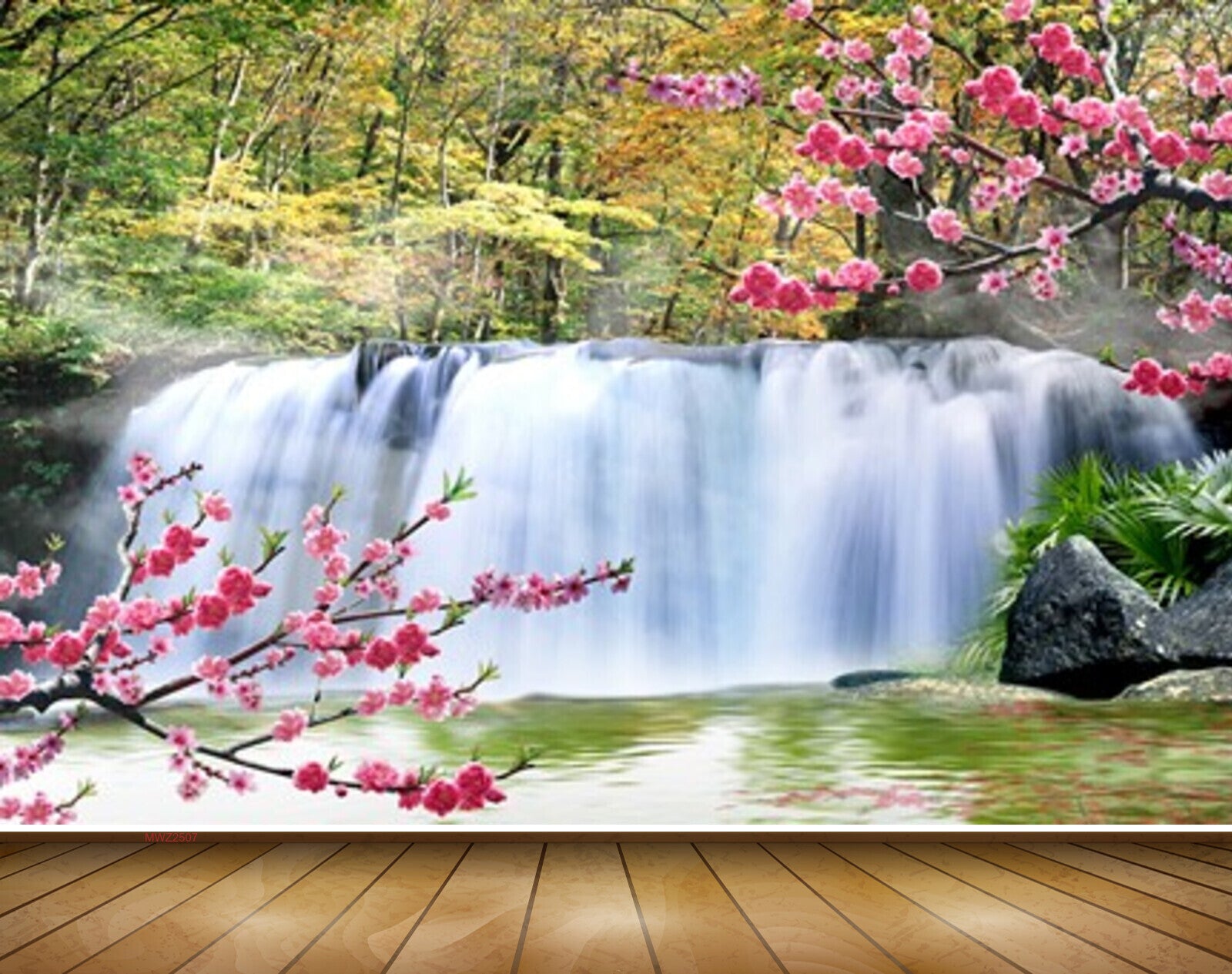 Avikalp MWZ2507 Waterfalls Trees Pink Flowers Pond River Lake Water Stones HD Wallpaper