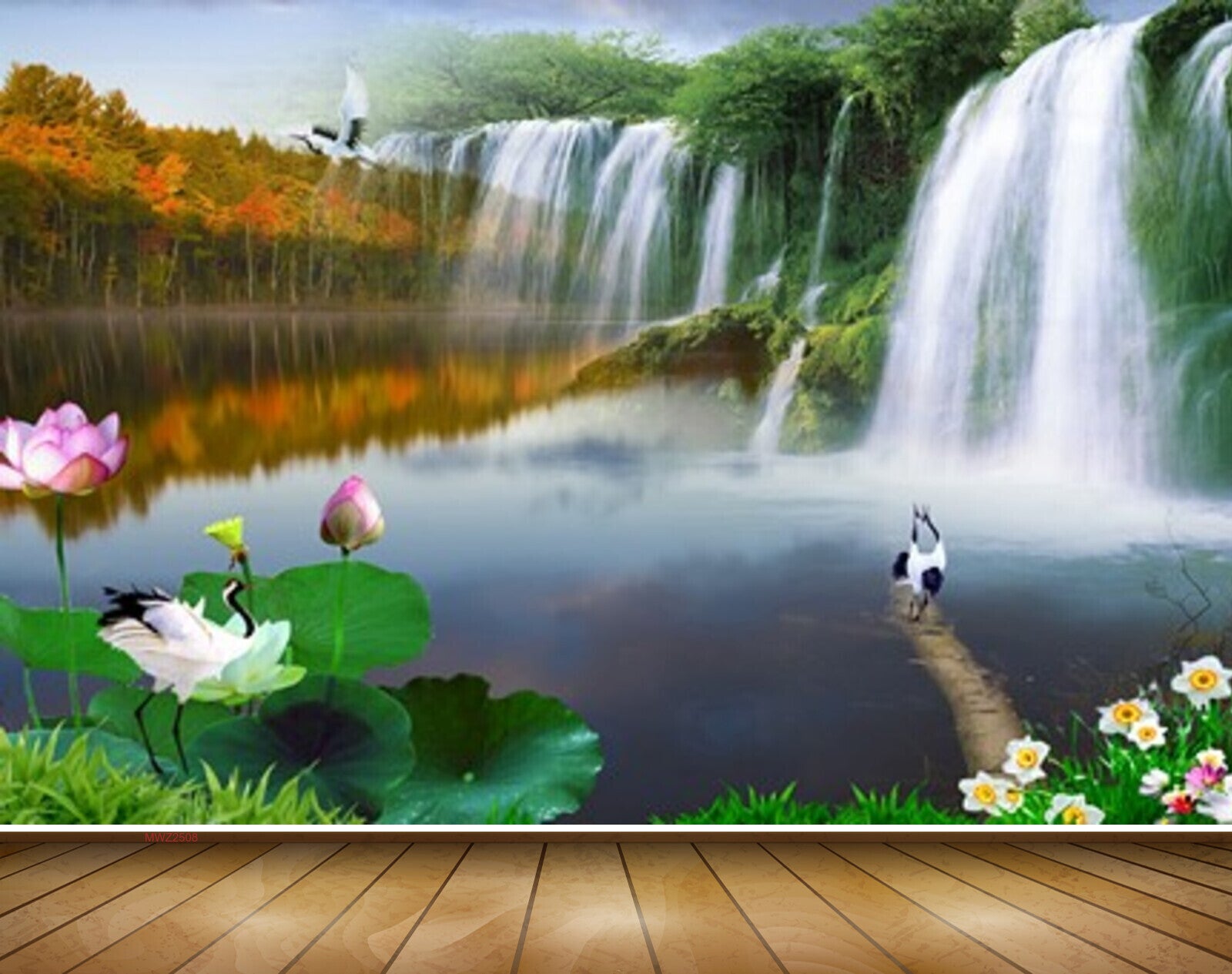 Avikalp MWZ2508 Waterfalls Birds Lotus Flowers Leaves Grass Pond River Lake Water HD Wallpaper
